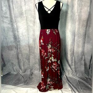 Floral Maxi Dress with Black Criss Cross Top, Burgundy Floral Skirt and Pockets
